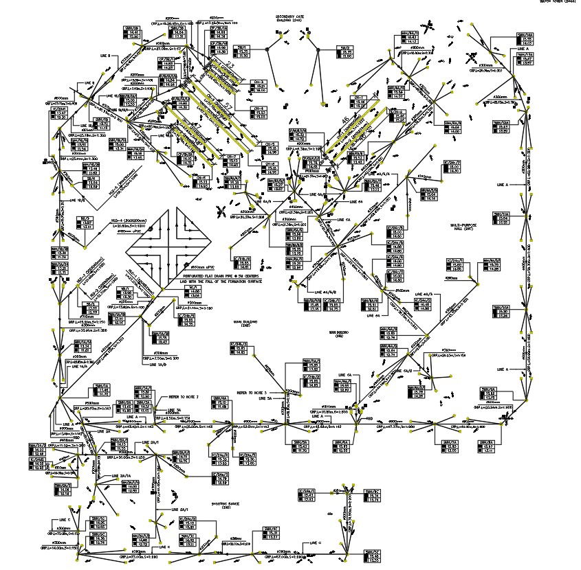 Drainage pipeline plan of a building in AutoCAD, dwg file.