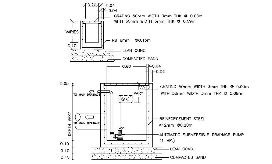 Drainage pump detail drawing given in this AutoCAD drawing file. Download this 2d autocad drawing file.