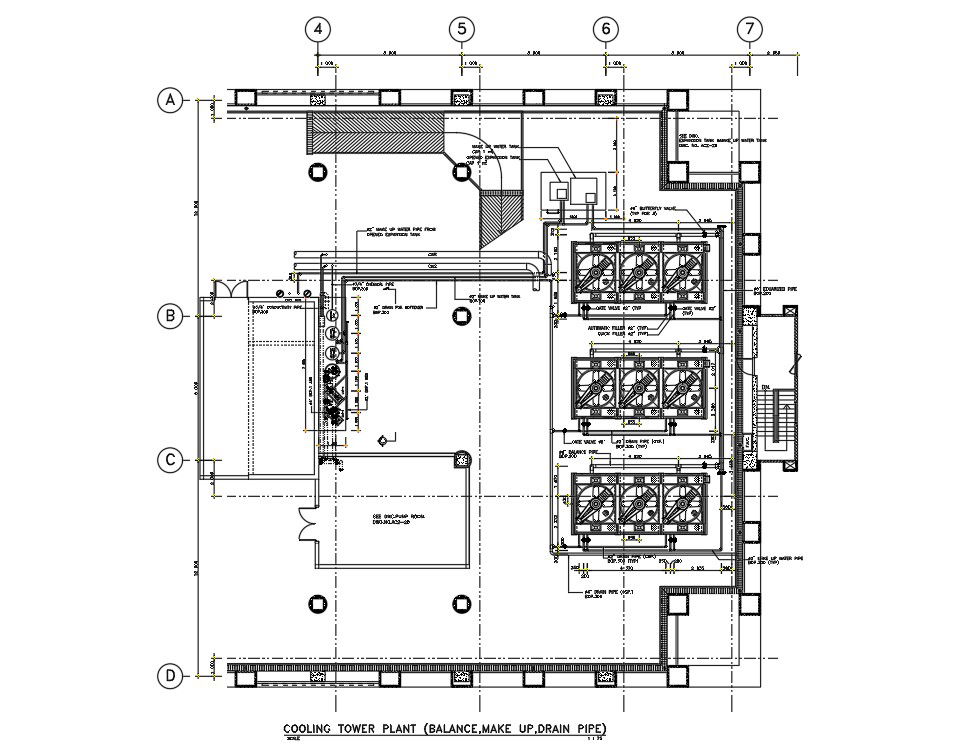 Drain pipe and make up pipe of cooling tower details are given in the 2D AutocAD DWG drawing file. Download the Autocad 2D DWG drawing file.