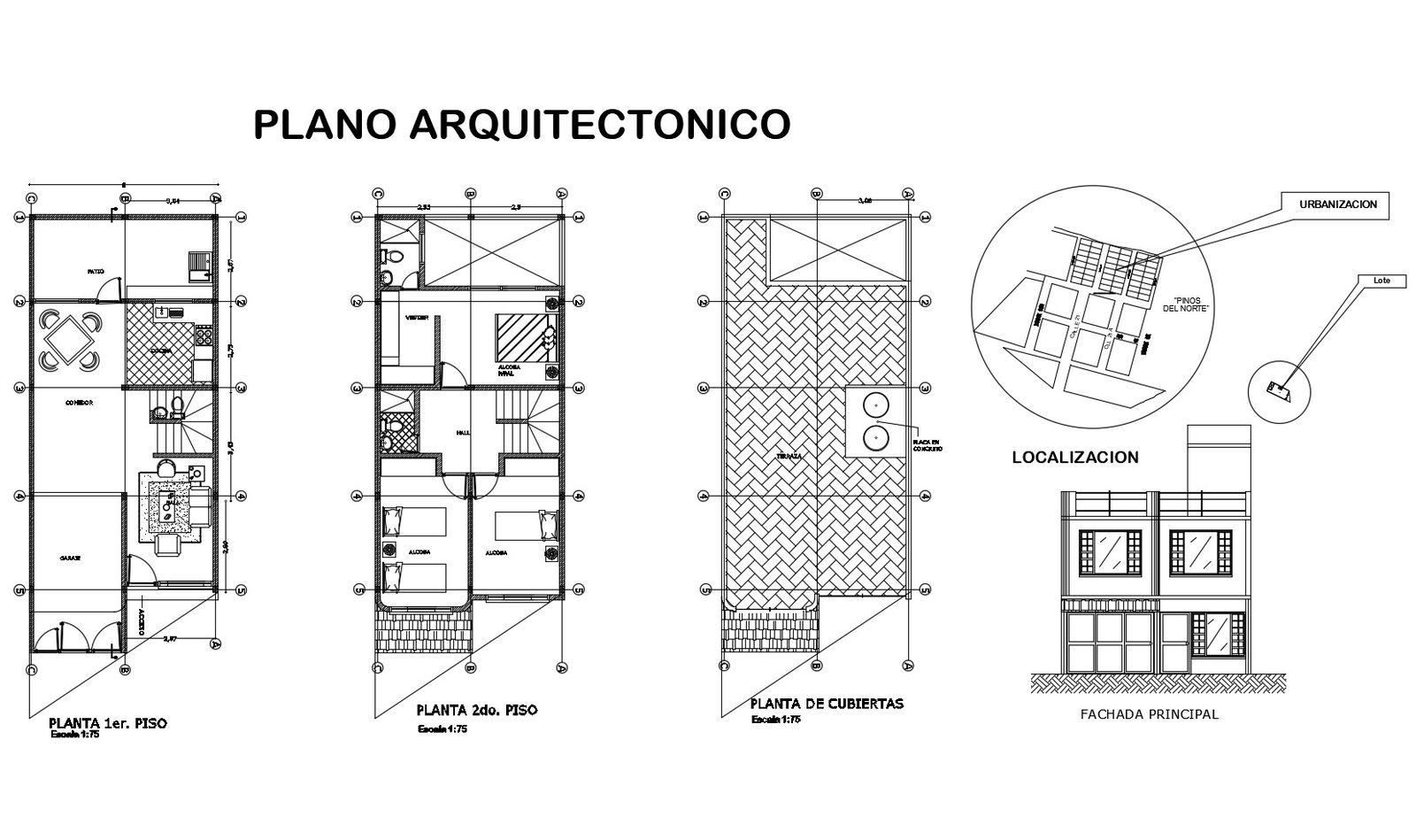 Drawing of 2 storey house with elevation in dwg file