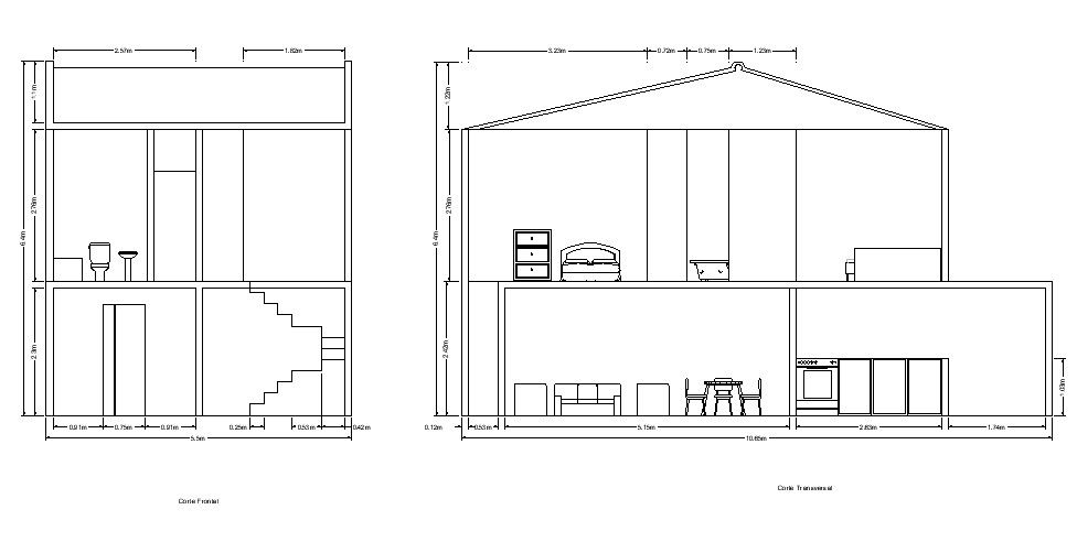 Drawing of 2 story house plan with a section in AutoCAD file