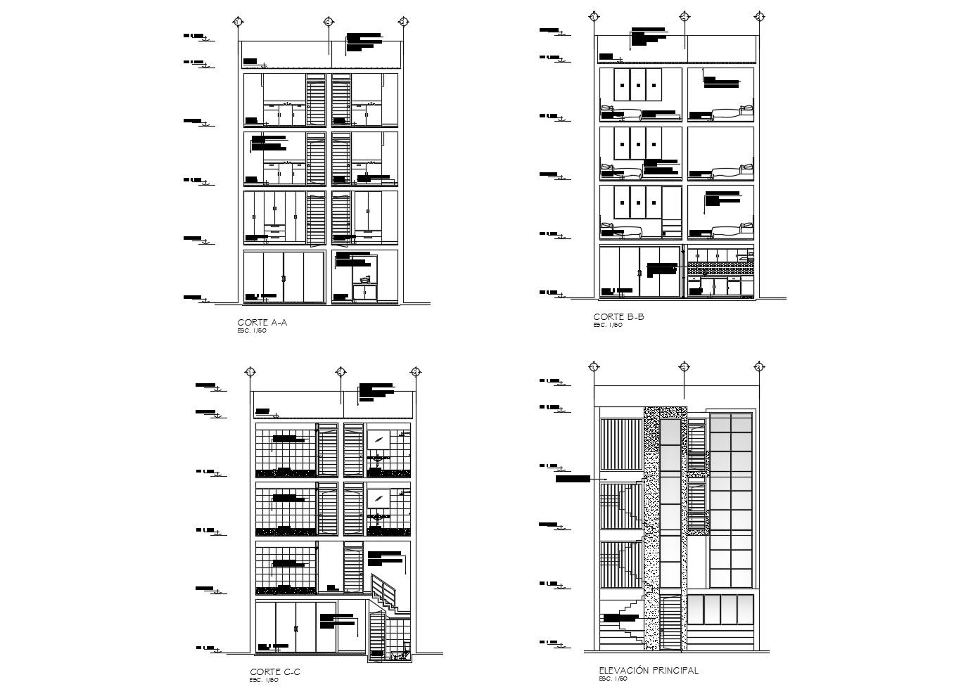 Drawing of Apartment with elevation and section in dwg file