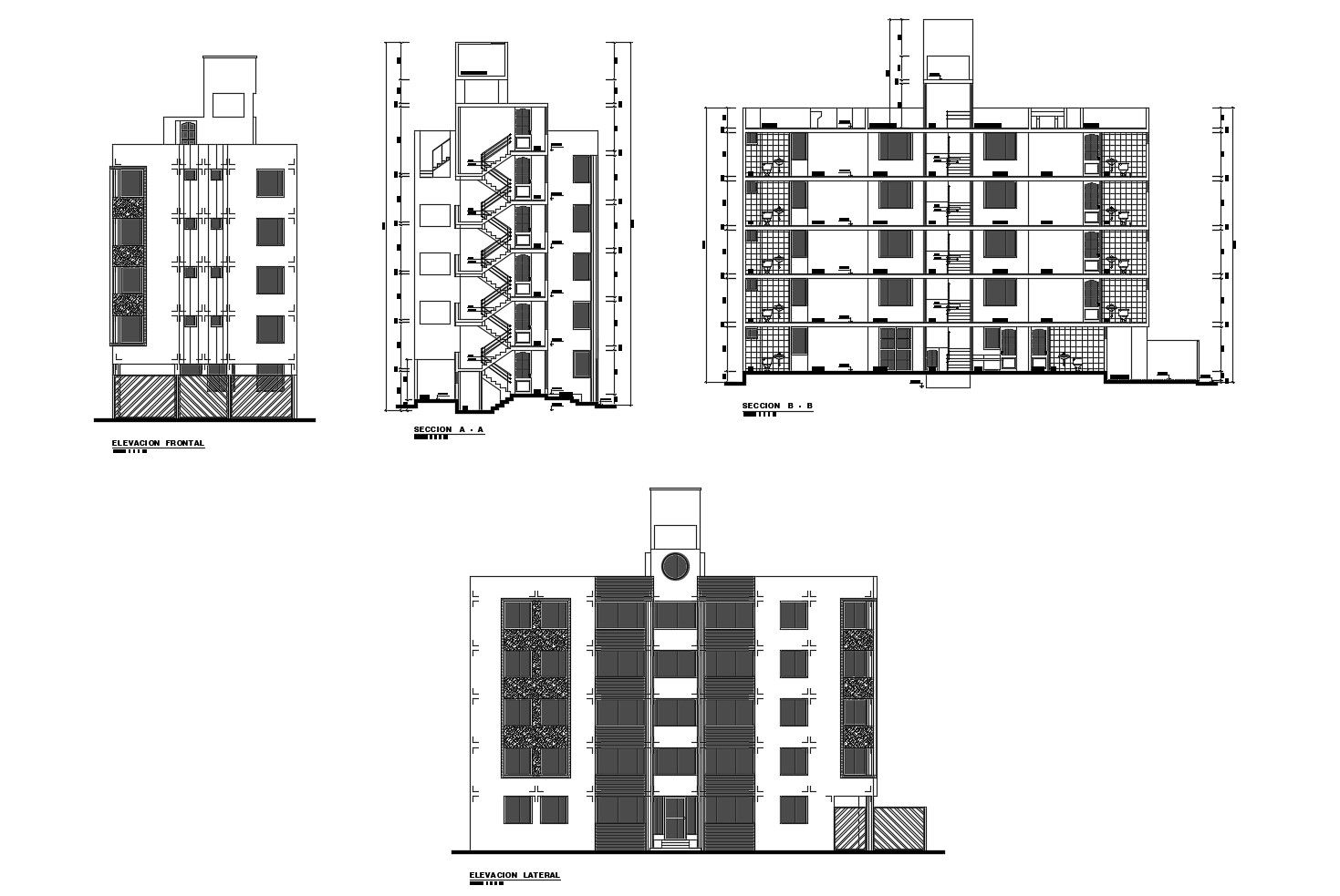 Drawing of Apartment with elevation and section in dwg file