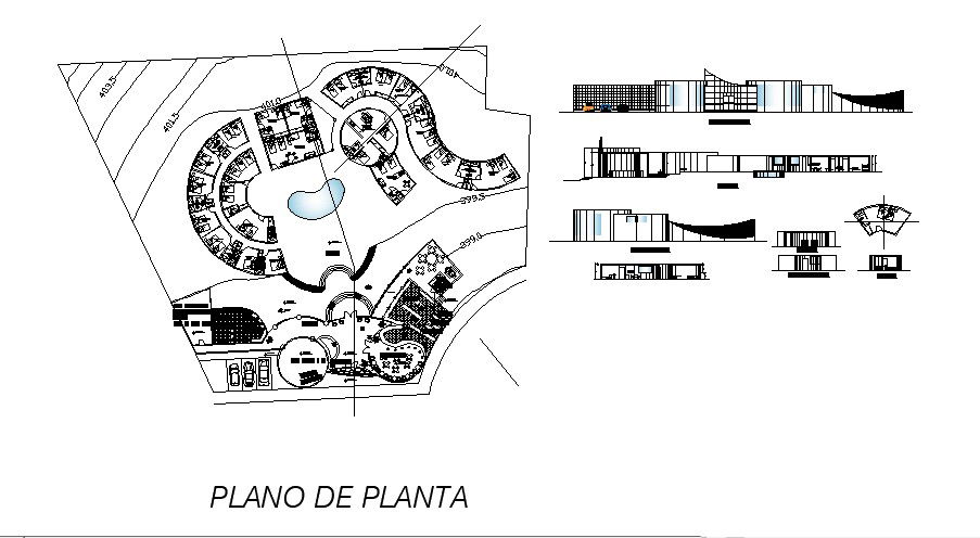 Drawing of Hotel with elevation and section in dwg file