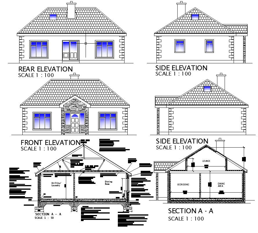 Drawing of Residential house with different Elevation and section