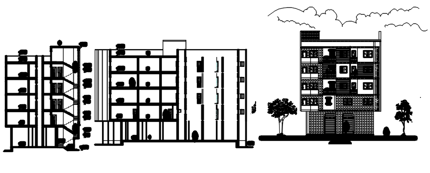 Drawing of a residential building with elevation in AutoCAD