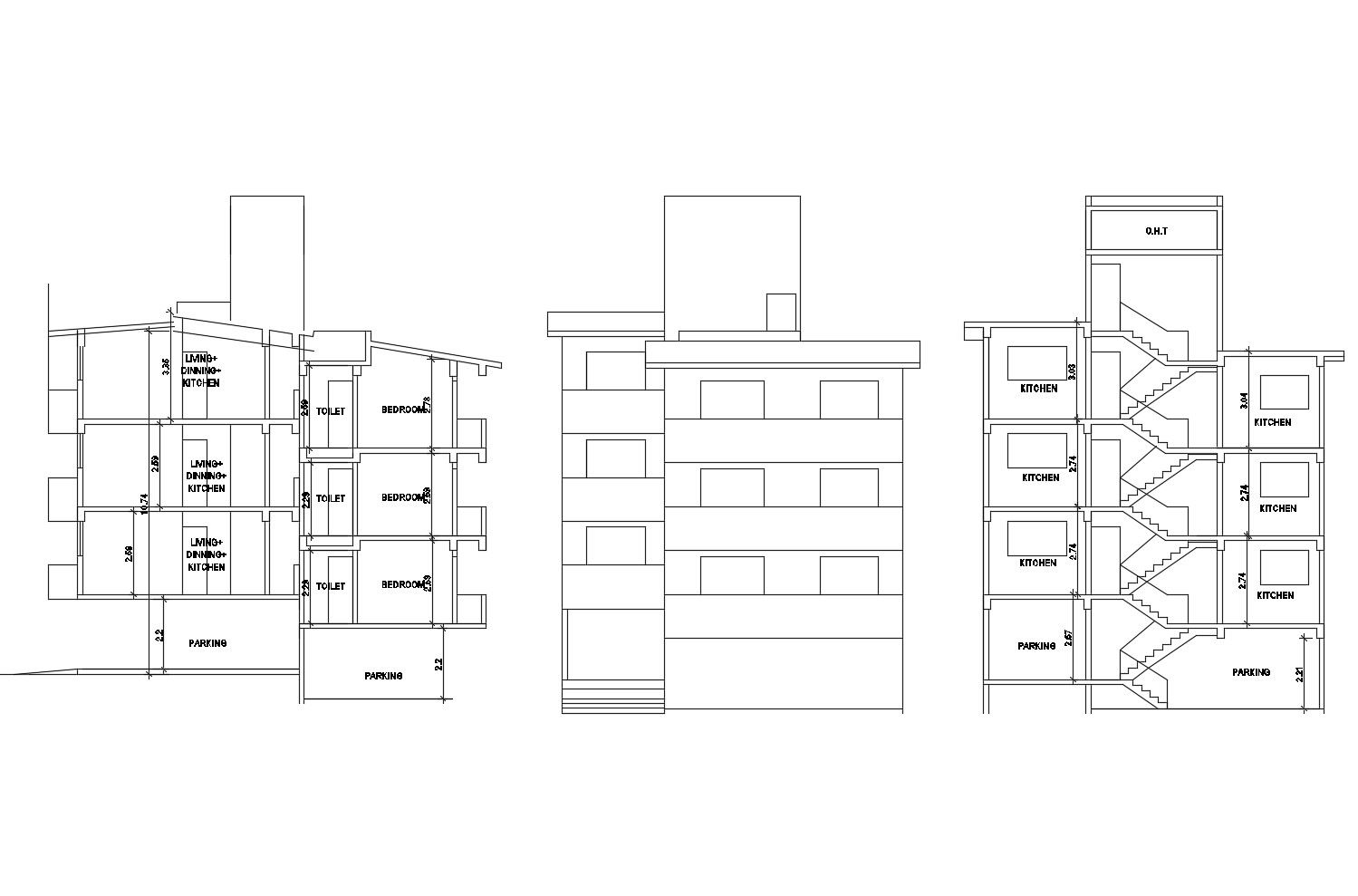 Drawing of a row house plan with elevation and section details 