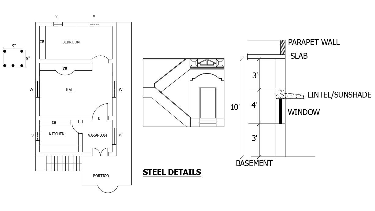Drawing of a single family house with steel detail in dwg file