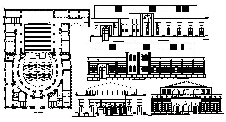 Drawing of auditorium hall with elevations in dwg file