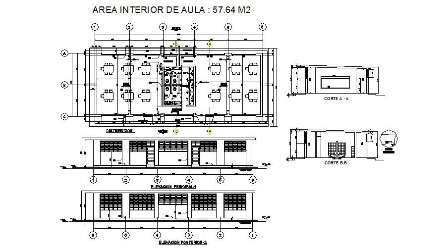 Drawing of building with section and elevation in autocad