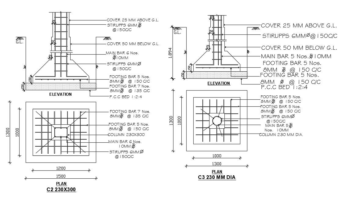 Drawing of foundation structure with detail dimension in dwg file