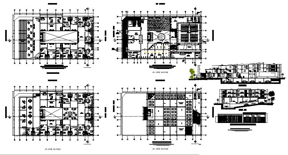 Drawing of hotel building 62mtr x 34.50mtr with section and elevation in dwg file
