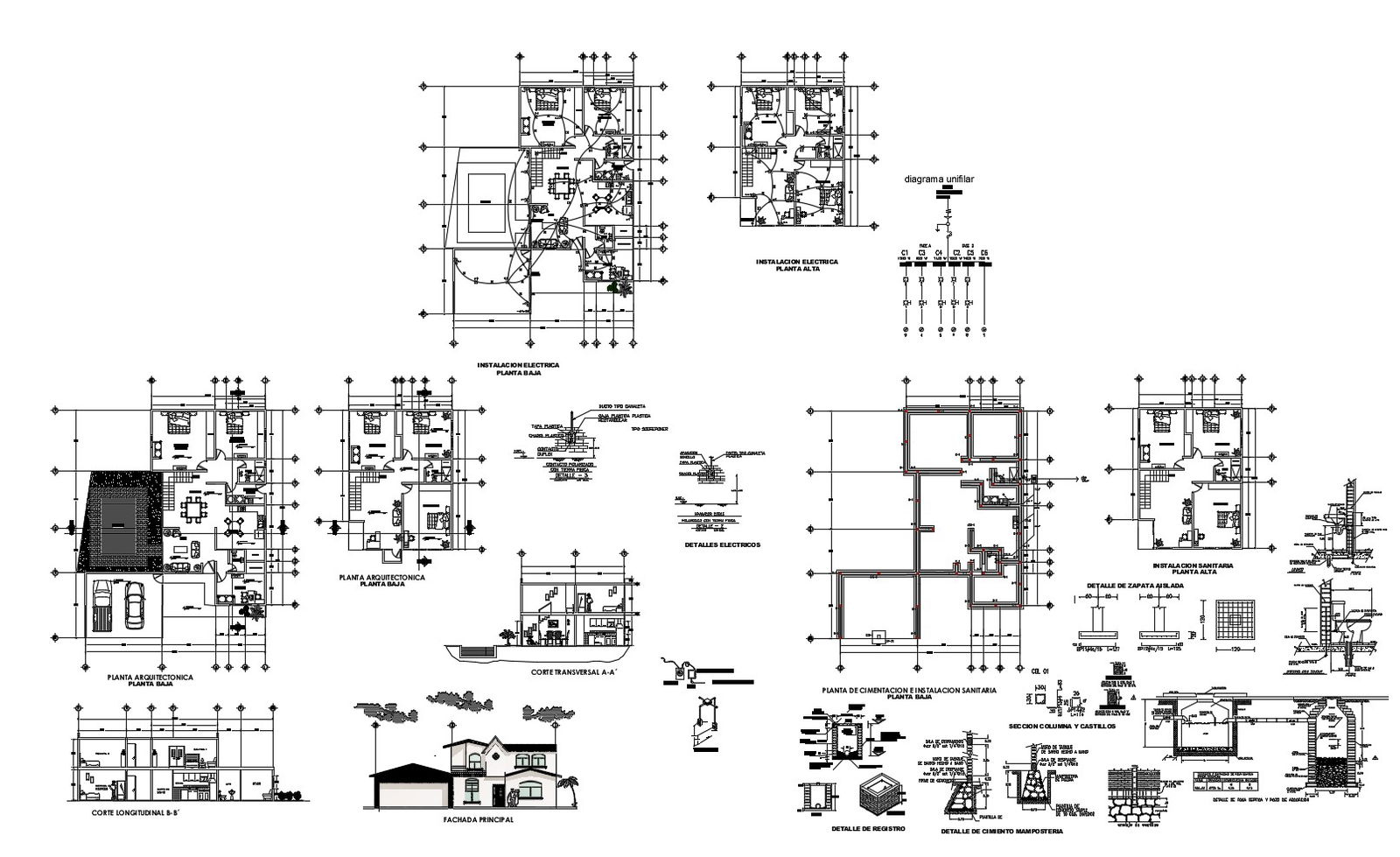 Drawing of house design with elevation detail in dwg file