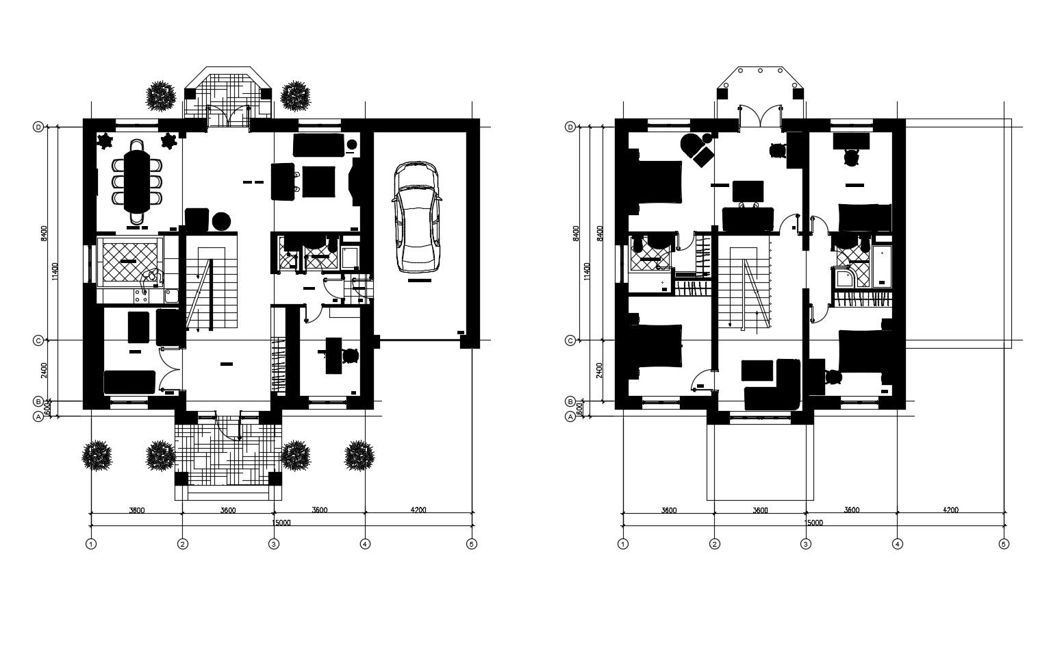 Drawing of house plan 15.000mtr x 14.400mtr with detail dimension in dwg file 