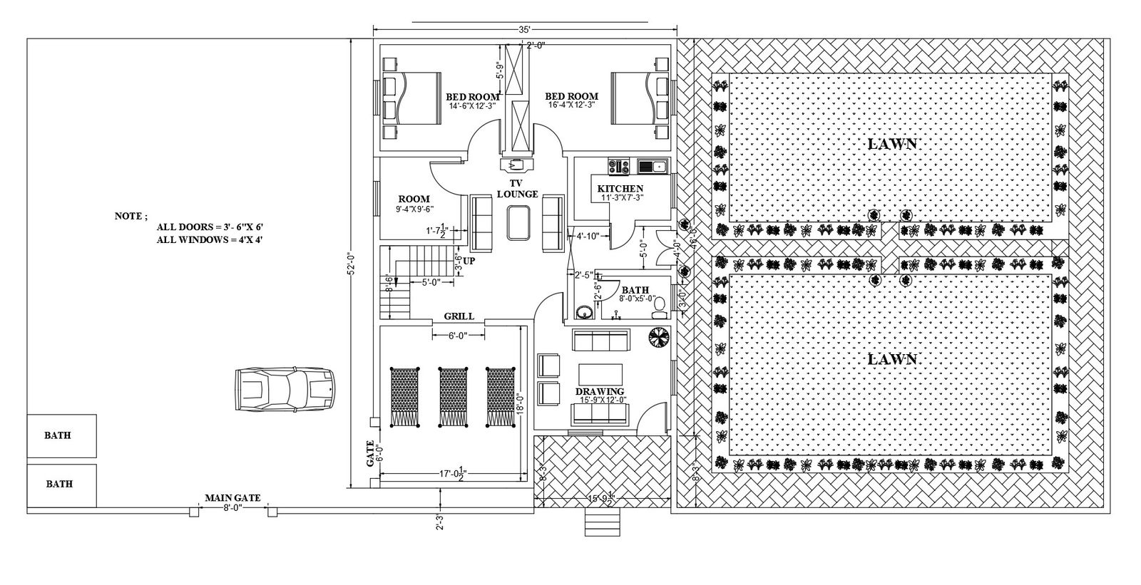 Drawing of house plan 35' x 52' with detail dimension in dwg file