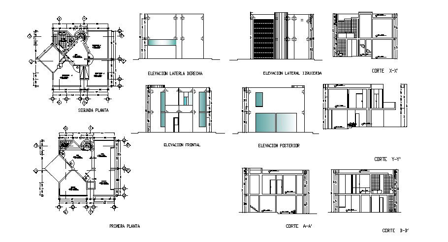 Drawing of house plan with elevation and section in AutoCAD