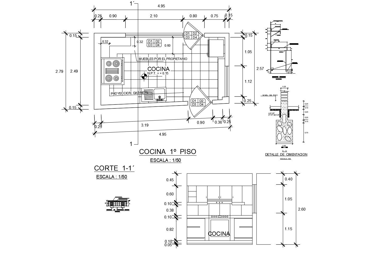 Drawing of kitchen 4.95mtr x 2.79mtr with detail dimension in dwg file