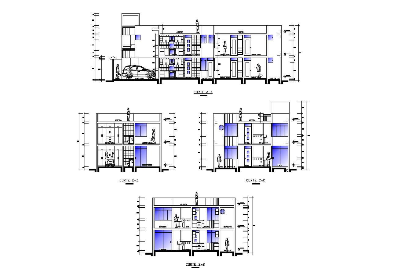 Drawing of multi-house with section details in dwg file