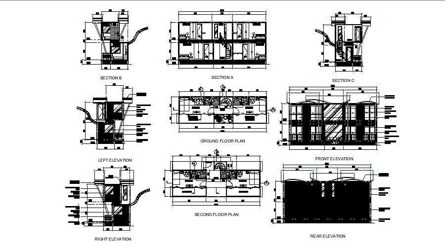 Drawing of plan container with different section and elevation in dwg file