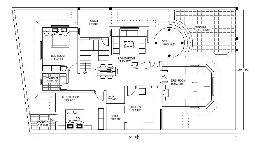 Drawing of residential house 39' x 66' with detail dimension in AutoCAD