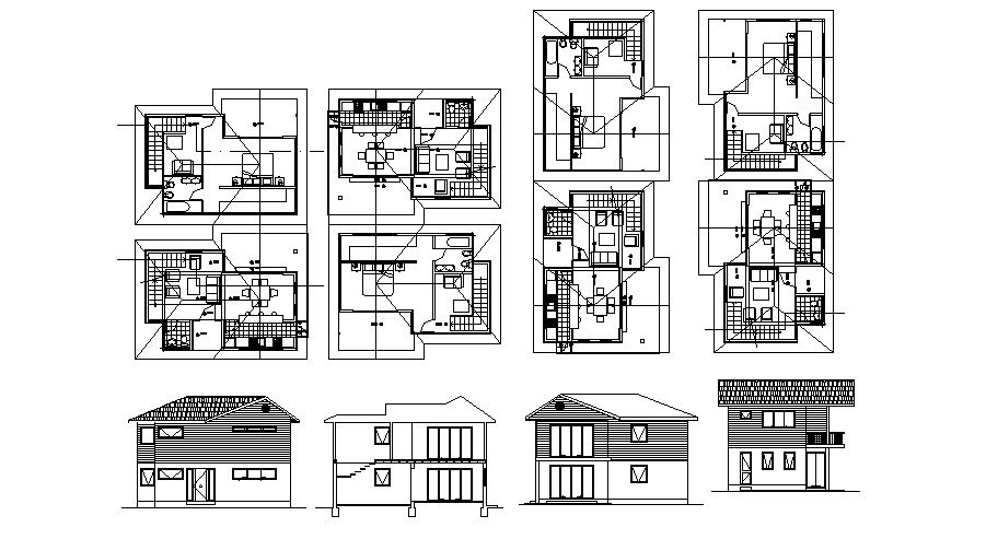 Drawing of residential house with elevation and section in dwg file