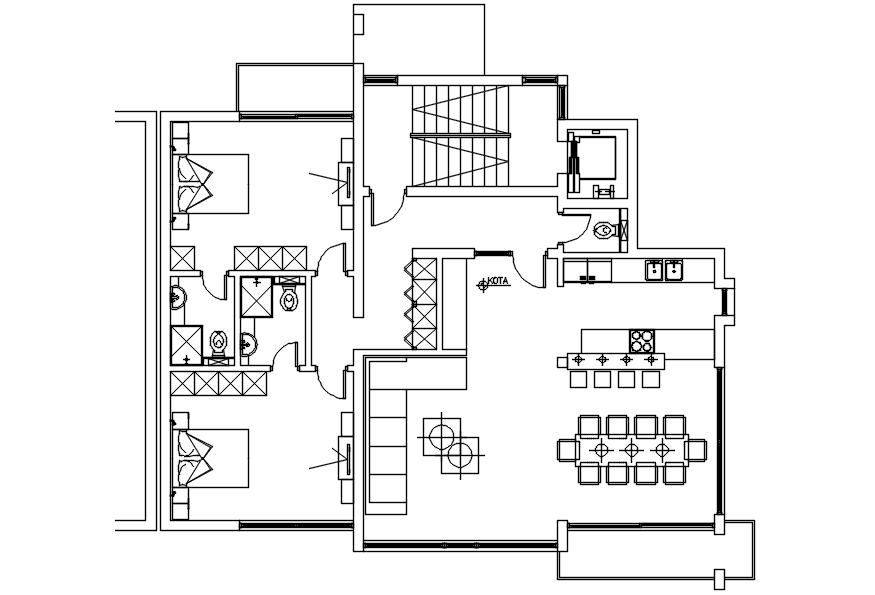 Drawing of residential house with furniture details in autocad
