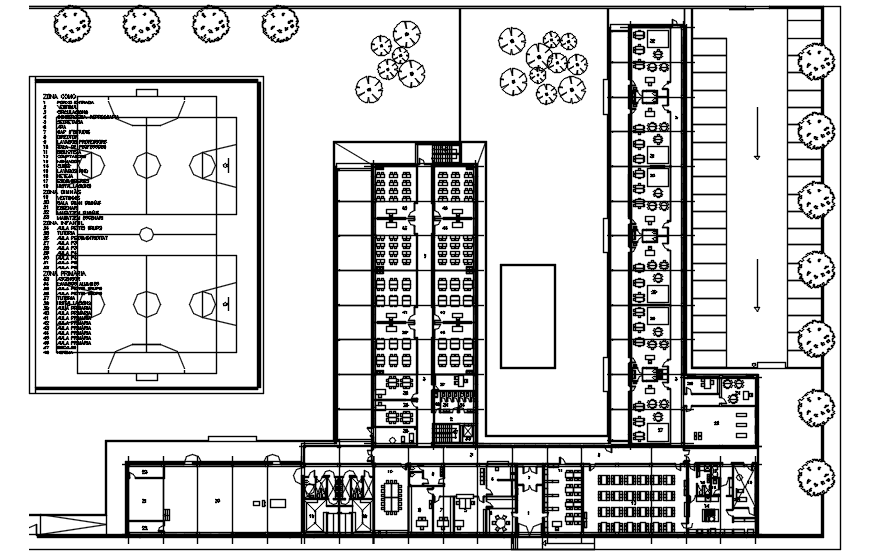Drawing of school plan with furniture details in AutoCAD 