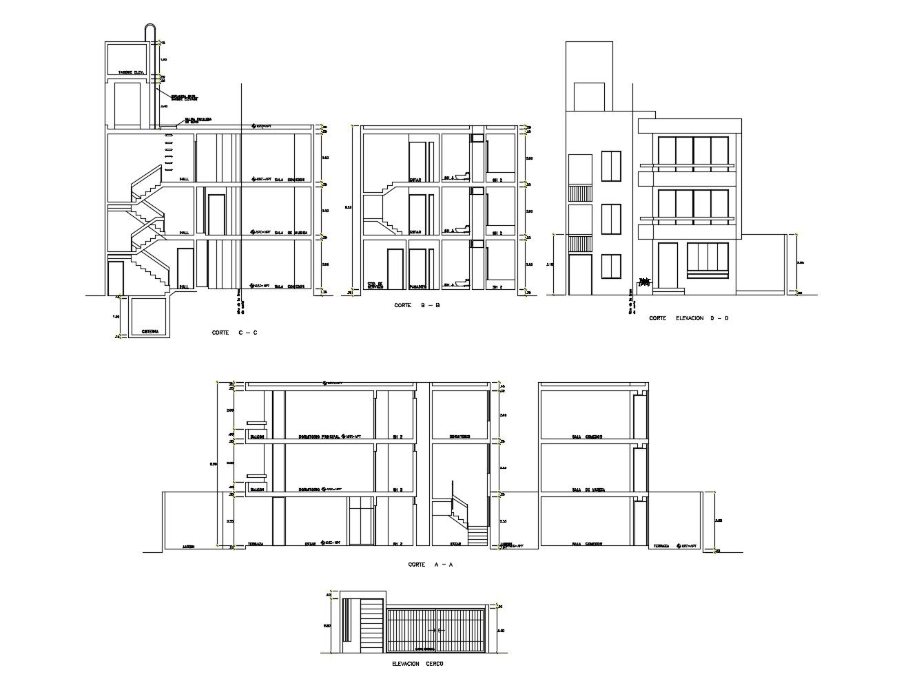 Drawing of the apartment with elevation and section in dwg file