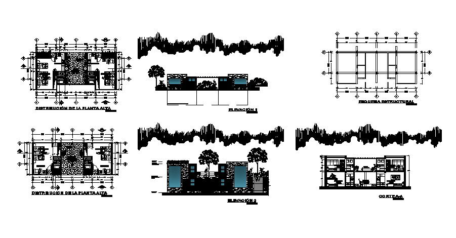 Drawing of the bungalow with elevation and section in dwg file