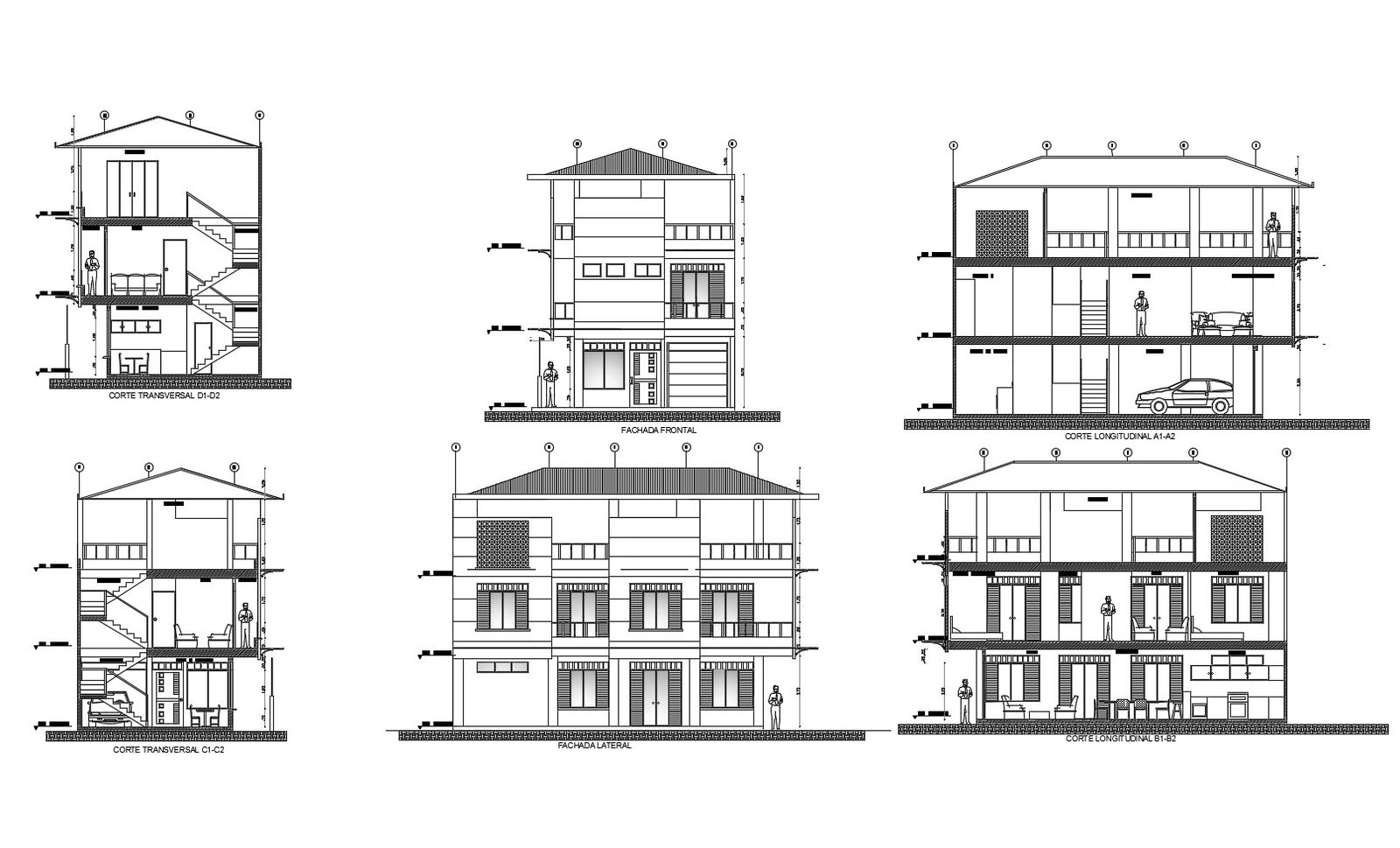 Drawing of the bungalow with elevation and section in dwg file