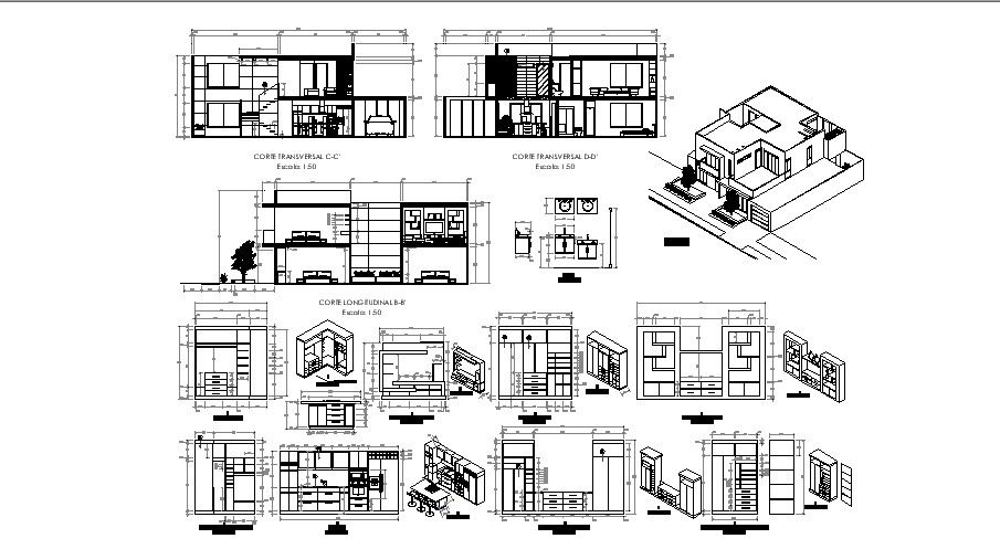 Drawing of the bungalow with furniture detail in autocad