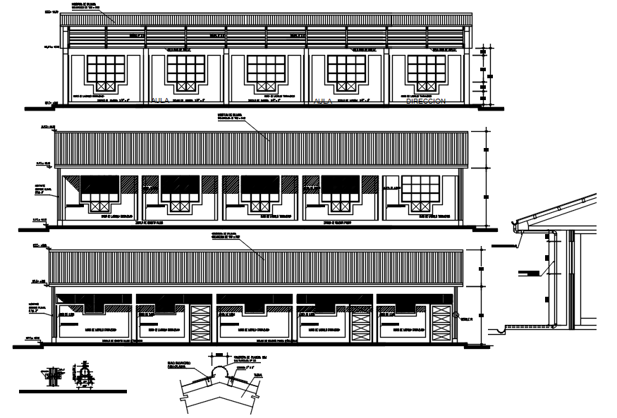 Drawing of the classroom with elevation and section details in dwg file