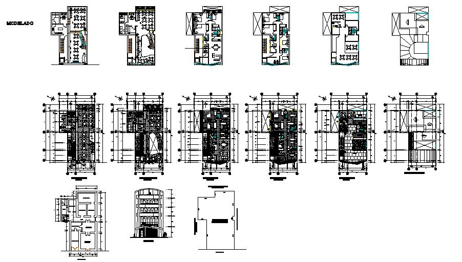 Drawing of the hotel building with different section and elevation in dwg file