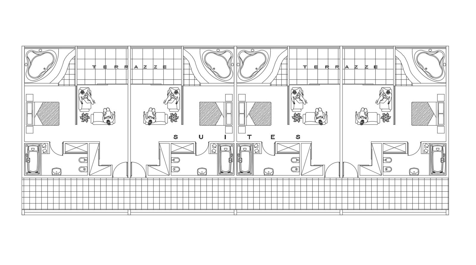 Drawing of the hotel room with furniture detail in dwg file