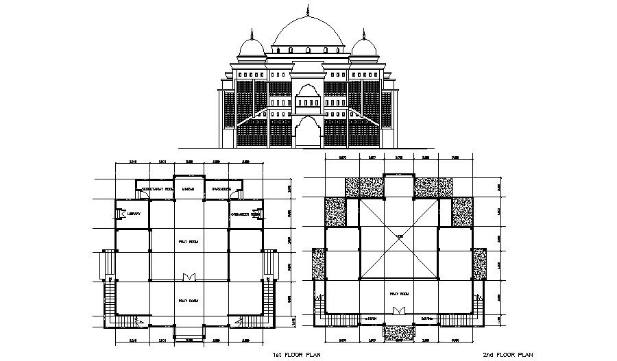 Drawing of the mosque with elevation in autocad