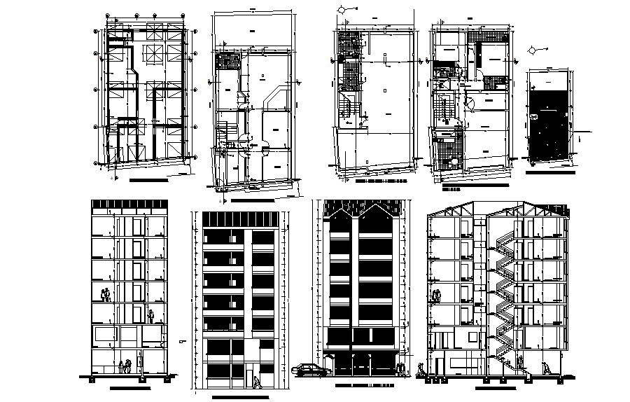 Drawing of the residential apartment with elevation and section in AutoCAD