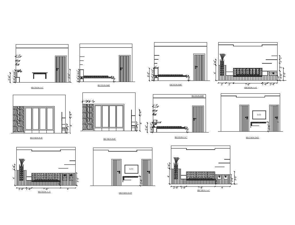 Drawing room of house section and furniture layout details dwg file