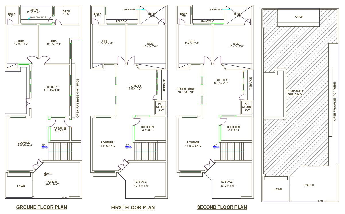 Drawing DWG AutoCAD file of 29'X75' 2bedroom G+2 House plan. Download the AutoCAD Drawing file.