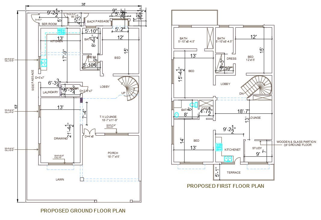Drawing file of 38'X63' 2BHK G+1 House plan layout,Download the AutoCAD Drawing file.