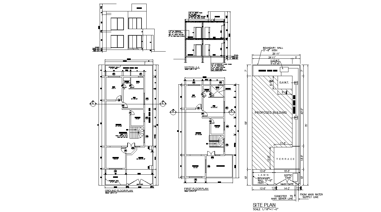 Drawing file of the G+1 house plan drawing layout with section , elevation and site location plan .Download DWG file.