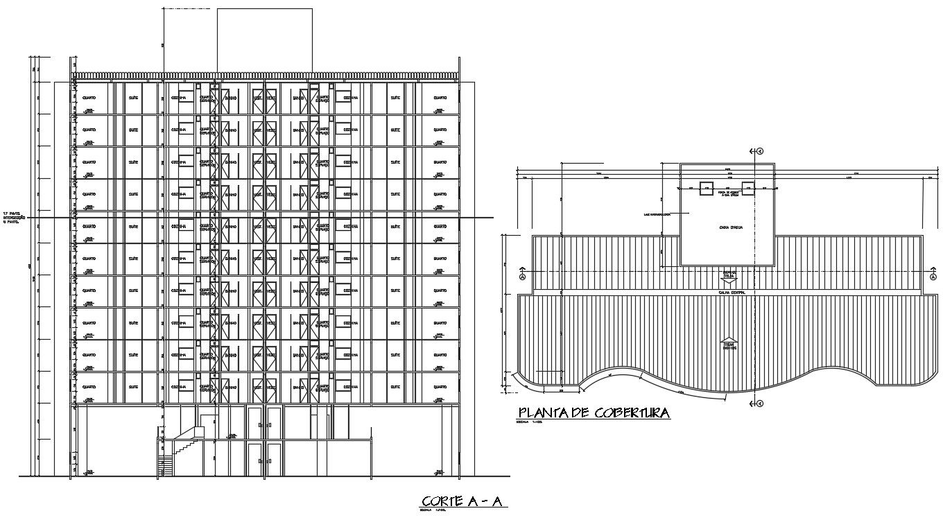 Drawings details of building section and roof terrace plan dwg file