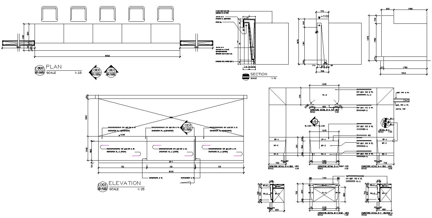 Drawing the AutoCAD file shows the Details of the furniture section plan.Download the AutoCAD DWG file.