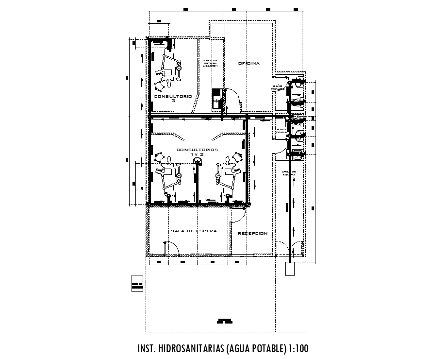 Drinking water installation of 8x13m hospital plan is given in this AutoCAD drawing model. Download now.
