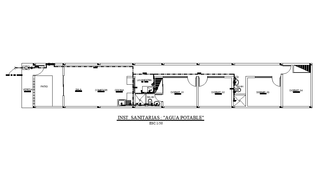 Drinking water line of 26x4m house plan is given in this AutoCAD drawing file. Download now.