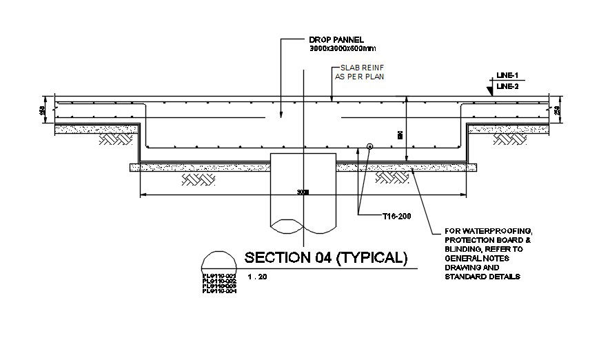 Drop panel and slab reinforcement as per plan typical section details are given in this AutoCAD Drawing File.Download the AutoCAD file now.