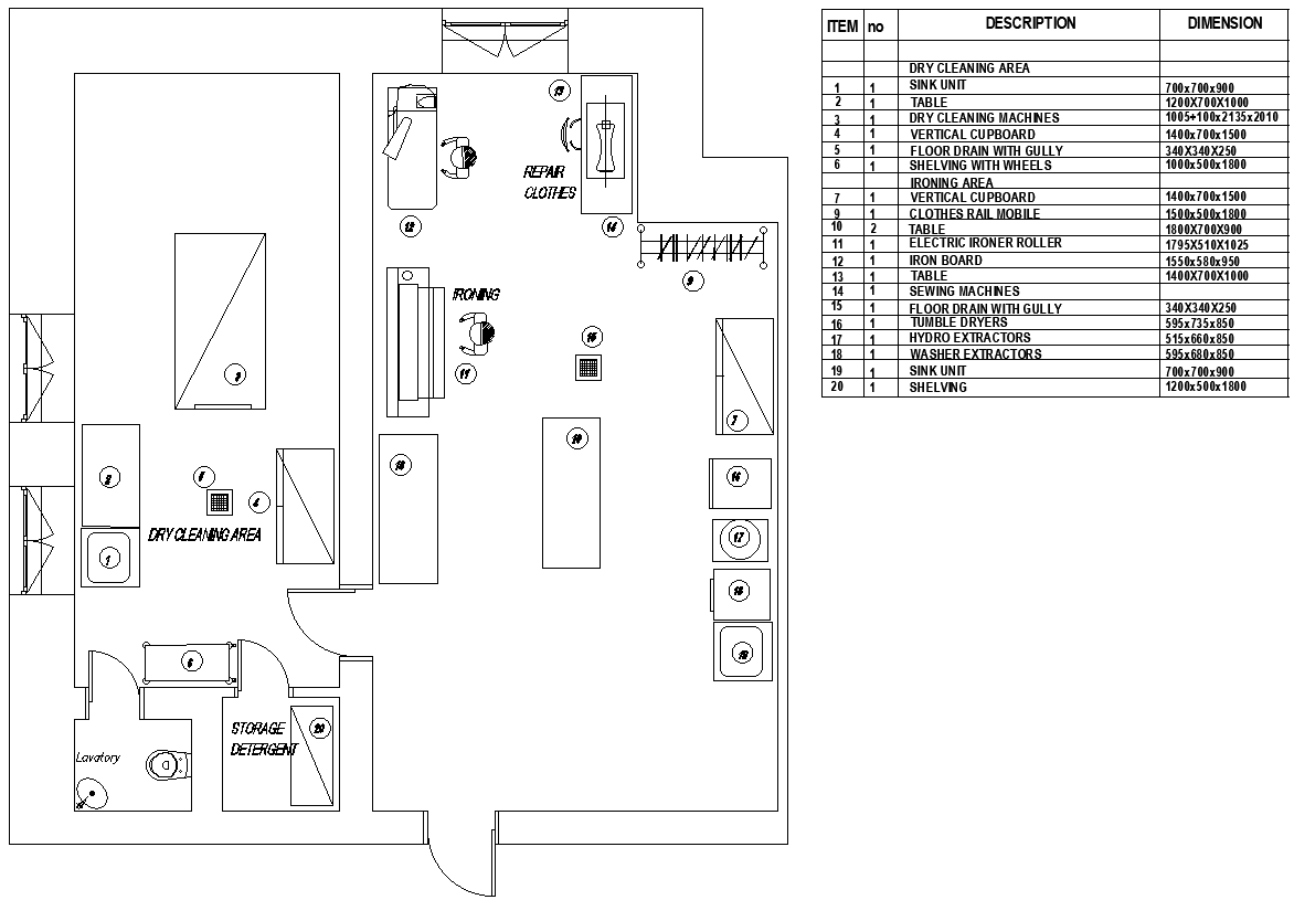 Dry Cleaning Area with sanitary detail and electrical machine layout DWG AutoCAD file