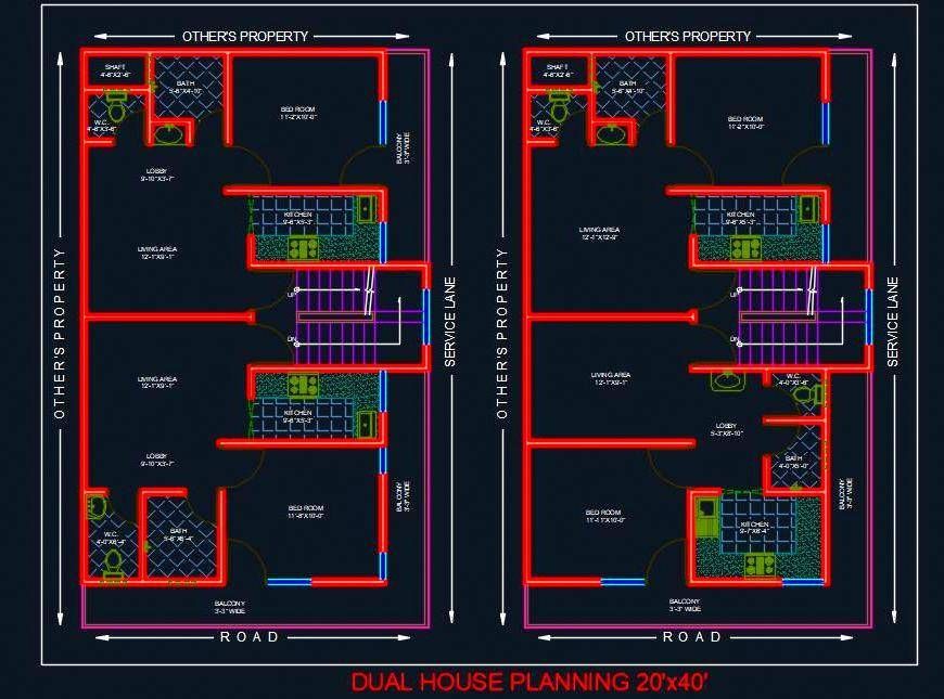 Dual House Planning Floor Layout Plan 20'X40' DWG file