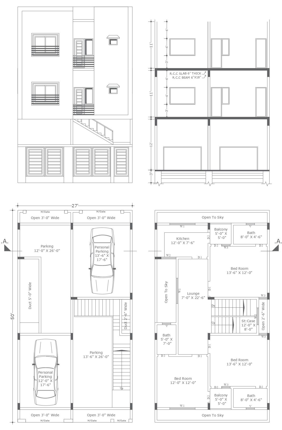 Ground and First Floor House Plan with Dual Parking DWG File