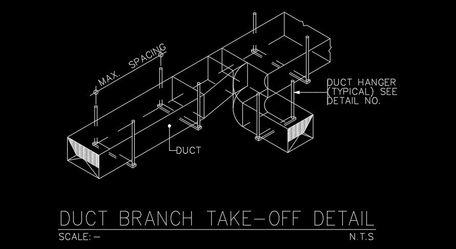 Duct branch take off detail drawing is given in this AutoCAD file