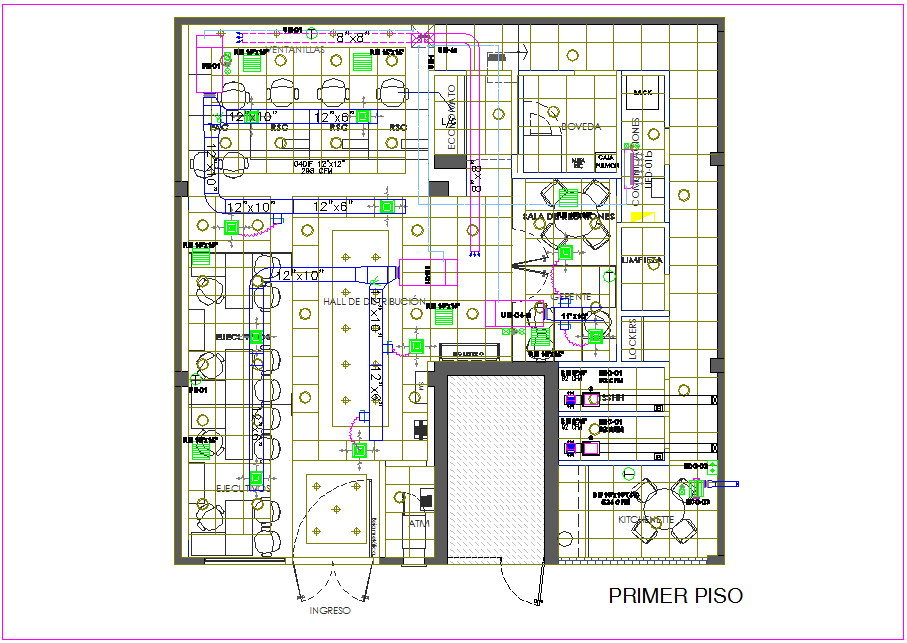 Ducts pipe line view with first floor plan for IIMM office dwg file